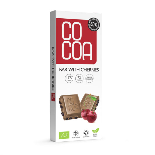 Bio Schokolade mit Kirschen, 40 g, COCOA, zuckerreduziert (60 % weniger Zucker), cremige Schokoladentafel mit Kirschstücken
