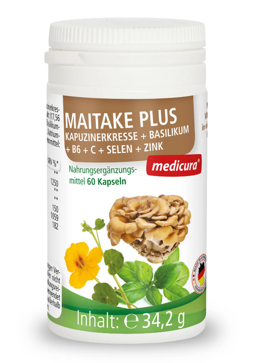 Medicina MAITAKE-Pilze mit Kapuzinerkresse, Basilikum in 60 Kapseln, enthält Vitamin B6, C, Selen und Zink, künstlich frei