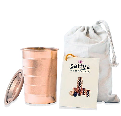 KUPFERSTREIFENBECHER MIT DECKEL 350 ml von SATTVA, langlebiger Becher aus Kupfer mit passendem Deckel, ideal für Getränke