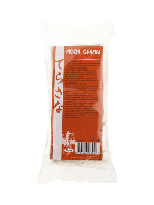 Reiskäse Mochi Genmai von Terrasana, 300 g, präsentiert in einer Schale mit gebratenem Mochi-Reiskuchen und geröstetem Reis