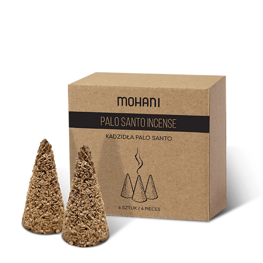 Sechs PALO SANTO Steinplatten von MOHANI, jeweils 20 g, auf einem weißen Hintergrund sichtbar.