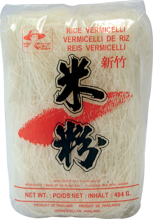 Vermicelli Reis Makar von FARMER, 454 g, feine dünne Reismehl-Nudeln für asiatische Gerichte, in Verpackung sichtbar