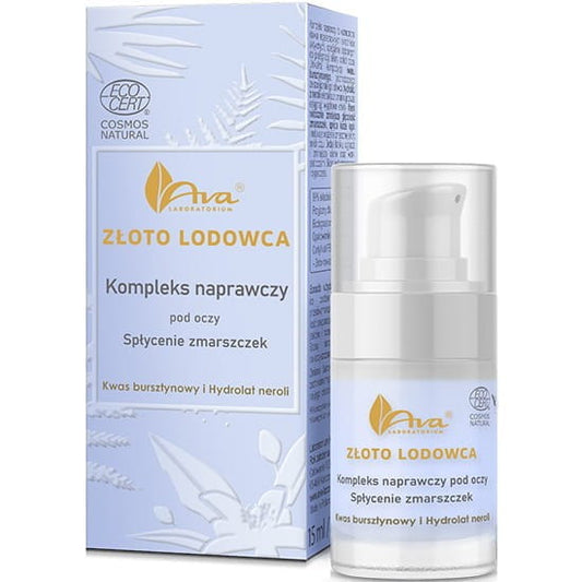 AVA Gletschergold Reparatur-Komplex Flasche mit 15 ml, sichtbarer Produktbehälter, cremige Textur und goldene Verpackung