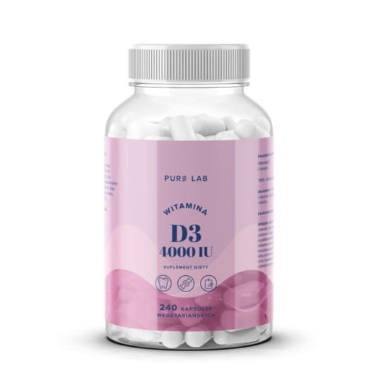 Reines Labor Vitamin D3 4000 von AURA HERBALS, Flasche mit 240 Kapseln auf weißem Hintergrund, praktische Nahrungsergänzung