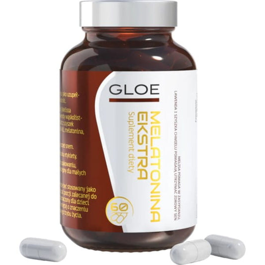 GLOE Gloe Melatonin Extra 60 K Tabletten, Verpackung mit 60 Melatonin-Kapseln, dunkle Flasche auf weißem Hintergrund