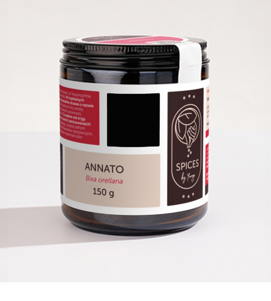 Gewürz Annatto von Spices by YANGO, 150 g, zeigt die orangerote Gewürzpaste in einer Verpackung.