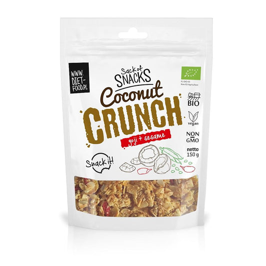 Crunches mit Kokonus, Goji-Birne und Bio-Samen, 150 g, von DIET FOOD, in einer Schale mit Fruchtstücken und Samen.