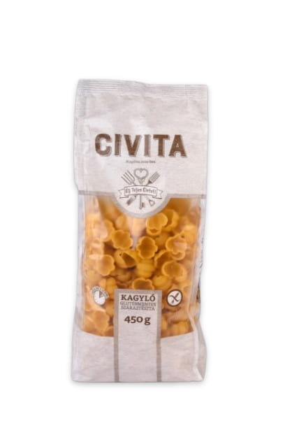 Glutenfreie Makkaroni aus Mais von CIVITA, 450 g, trockene Pasta in einer Packung auf weißem Hintergrund.