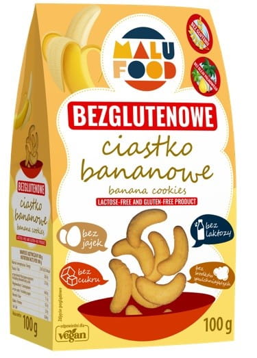 MALU Bananen-Mürbegebäck ohne Gluten, 100g, knuspriges Gebäck mit Bananengeschmack auf einem Teller