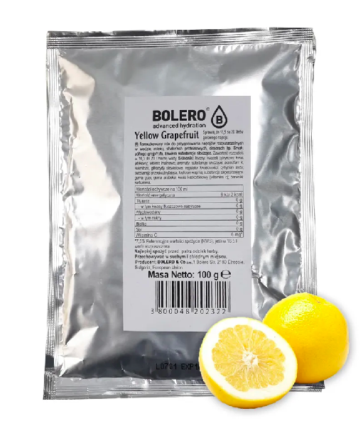 Gelbe Grapefruit Bolero Bolero Tasche mit 100g Pulver, natürliche Verpackung und Produktbeschreibung sichtbar.