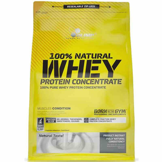 Olimp 100% Molkenprotein-Konzentrat 0,7kg, Pulver in Beutel, Nahaufnahme der Verpackung und Produktbeschreibung
