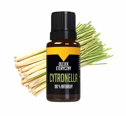 Ätherisches Citronella-Öl von Bilovit in einer 10ml Flasche, mit frischem Zitronella-Duft und grünen Blättern im Hintergrund.