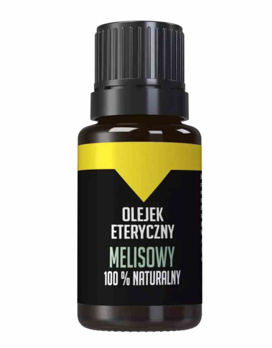 Ätherisches Öl der Melisse von Bilovit in 10 ml Flasche, Nahaufnahme der Flasche auf weißem Hintergrund