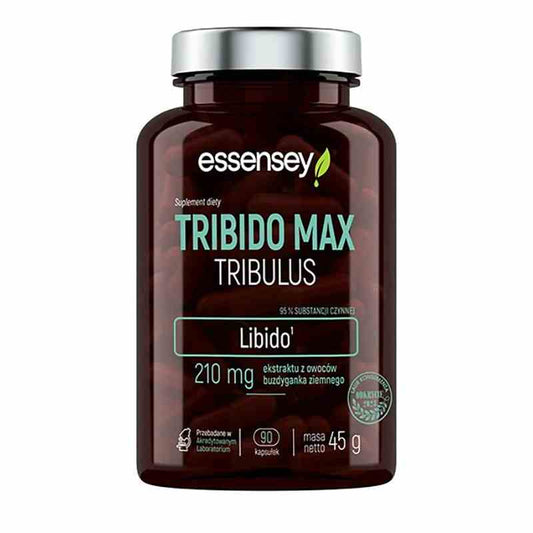 Essensey Tribido Max Tri-bulus 90 Kapseln, Nahaufnahme der schwarzen Kapseln in einer Verpackung.