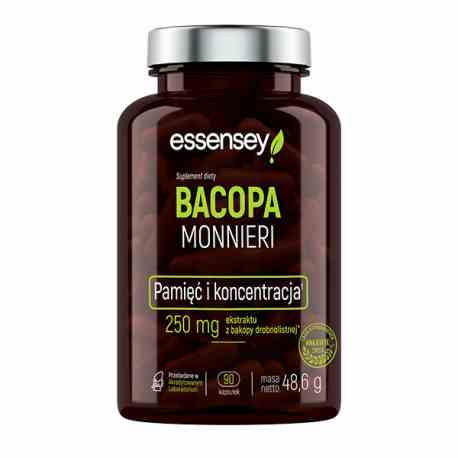 Essensey Bacopa Monnieri Kapseln, 90 Stück, Nahaufnahme der Verpackung und Kapseln für geistige Klarheit und Konzentration
