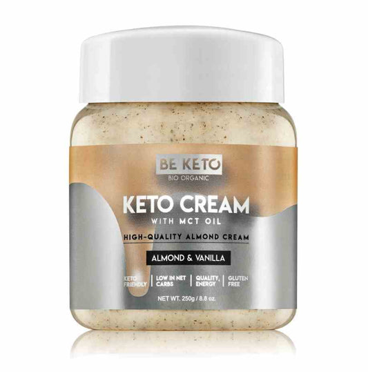 Keto Creme mit Mandel- und Vanillegeschmack von BeKeto, 250g, cremige Konsistenz in einer offenen Schüssel.