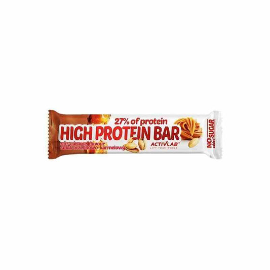 ActivLab High Protein Riegel mit Erdnuss-Karamell-Geschmack, 49 g, zeigt den Riegel mit Nüssen und Karamell auf der Verpackung