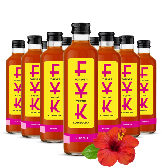 Flasche mit 0,25l FYK Kombucha Hibiskus Getränk mit rotem Hibiskus und spritzigem, naturbelassenem Geschmack.