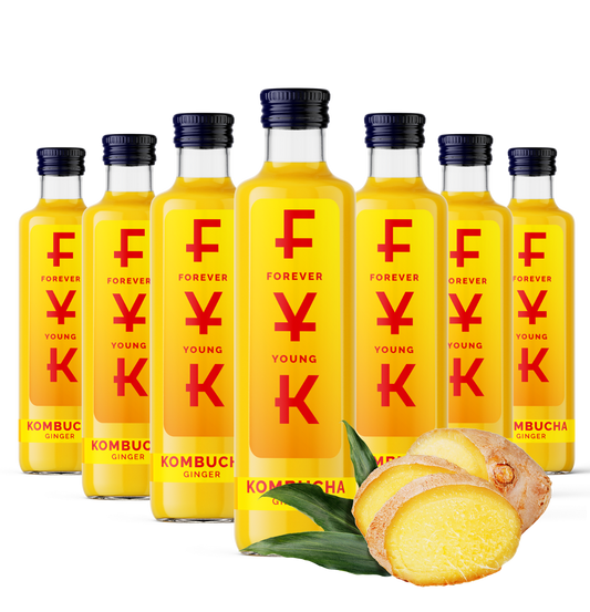 Flasche mit 0,25l FYK Kombucha Ingwer, braune Glasflasche mit gelbem Etikett, zeigt das erfrischende Ingwer-Kombucha Getränk