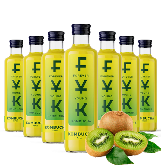 Bunte Flasche FYK Kombucha Kiwi 0,25l mit grünem Kiwi-Logo auf der Verpackung