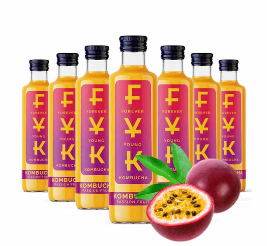 Bunte Flasche FYK Kombucha Maracuja 0,25l von Biogo.pl mit tropischem Maracuja-Design