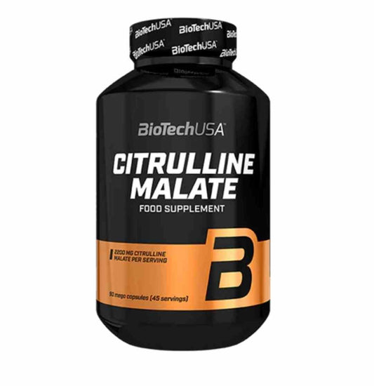 BioTech USA Citrullin Malat Kapseln, 90 Stück, Ansicht der weißen Kapseln in einer Packung.