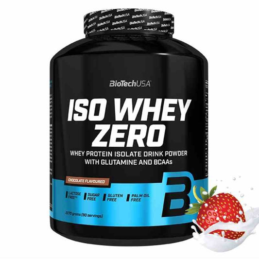Laktosefreies BioTech USA Iso-Molke Proteinpulver mit Erdbeergeschmack, 2270 g, in Pulverform mit Erdbeeraroma.