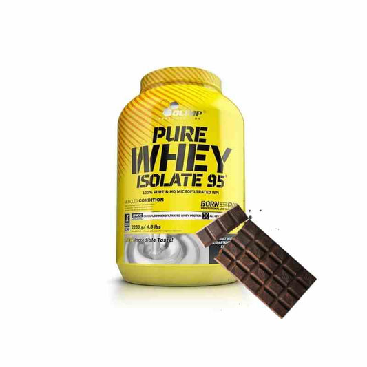 Olimp Pure Whey Isolate 95 Schokoladengeschmack, 2,2 kg Proteinpulver in Dose, Nahaufnahme der Verpackung
