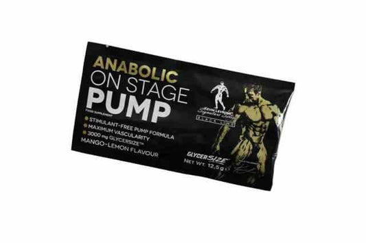 Levrone Anabolic On Stage Pump 12,5 g mit Mango-Zitronen-Geschmack, Pulver in Dose, zeigt das Produkt in der Verpackung