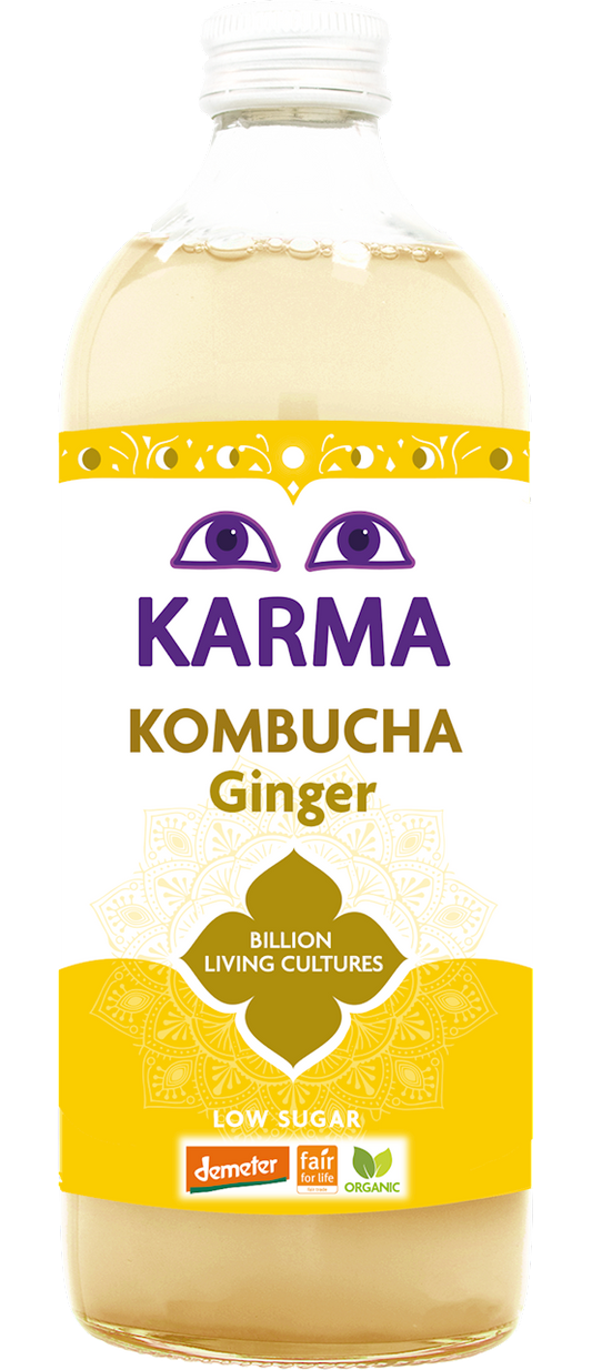 KARMA KOMBUCHA Ingwer-Kombucha in 1-Liter-Flasche, zuckerarm, fair for life, Demeter Bio, erfrischendes Getränk mit Ingwergeschmack