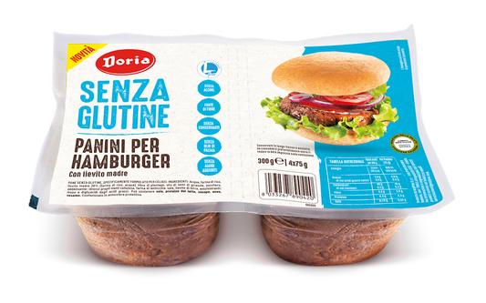 Glutenfreie Hamburgerbrötchen von DORIA, 4 Stück à 75 g, frisch gebacken, ideal für glutenfreie Hamburger.