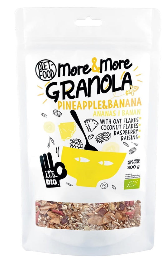 Bio Granola mit Ananas und Bananen von DIET-FOOD, 300 g, fruchtiges Frühstücks-Müsli mit frischen Ananas und Bananen.