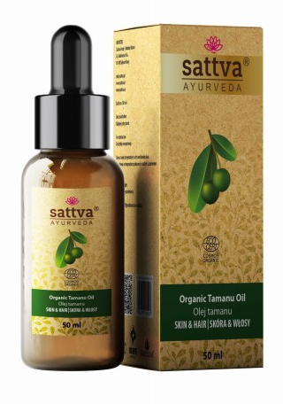 TAMANU ECO Körper- und Haaröl von SATTVA, 50 ml, mit ayurvedischen Inhaltsstoffen, in einer Flasche mit Tropfverschluss.