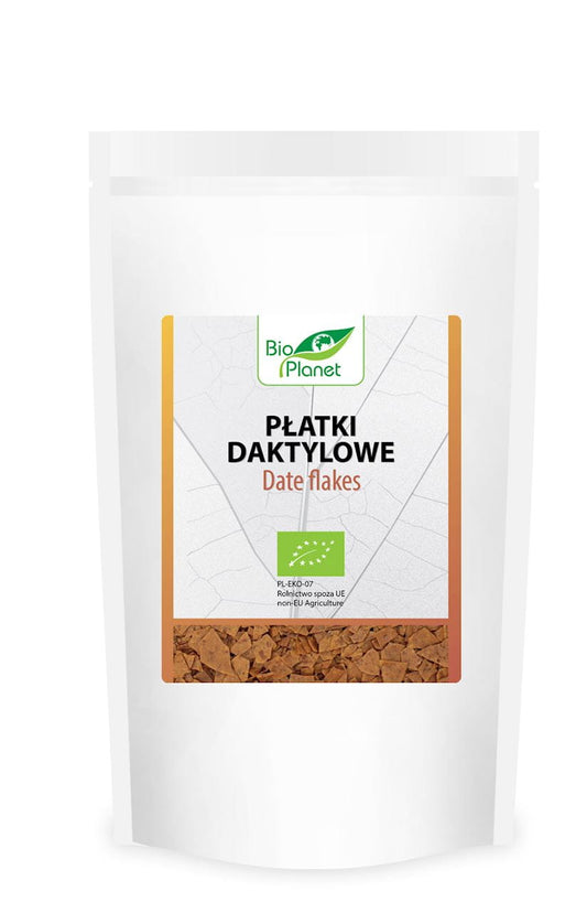 Dactyl Flats Bio 100 g von BIO PLANET, in grüner Verpackung, zeigt die Bio-Getreideflocken in einer transparenten Schale.
