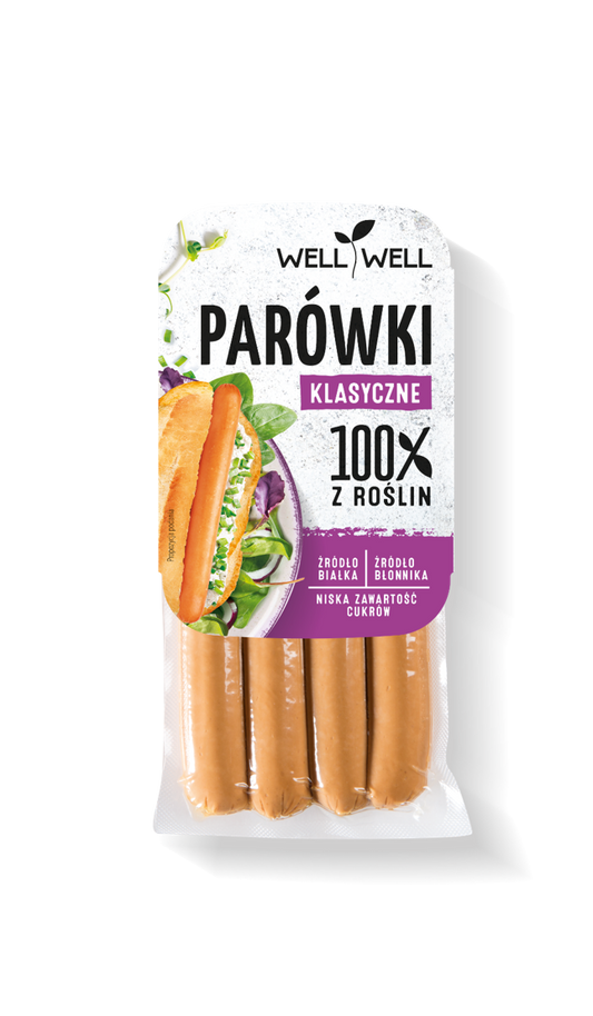WELL WELL CLASSIC PLANT Würstchen, 200 g, pflanzliche Tofu-Würstchen auf einem Teller, vegetarisch, vegan freundlich