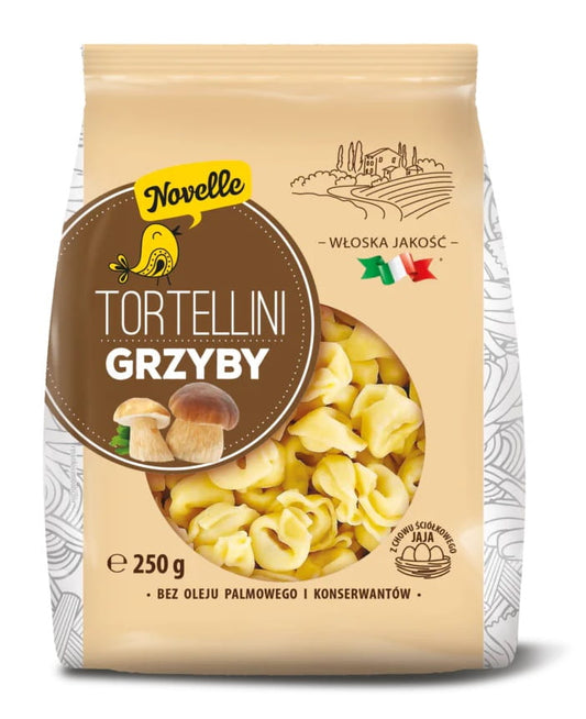 Tortellini mit Muschelwurzel in 250 g Packung von Novelle, italienische Pasta mit Muschelwurzeln, auf weißem Hintergrund