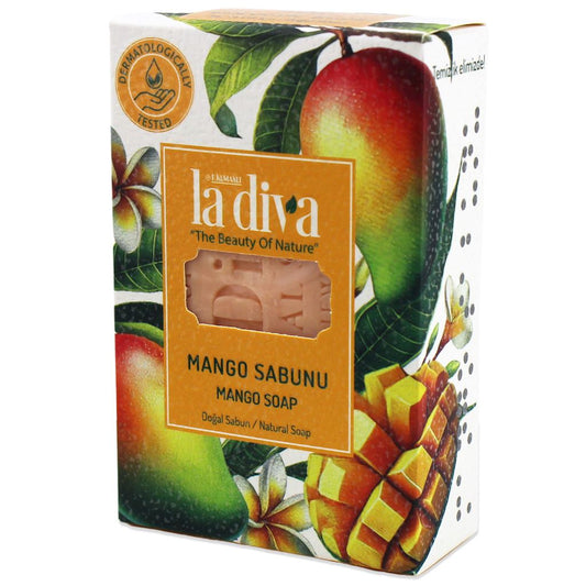 MANGO Seife im Karton von LA DIVA, 100 g, mit frischem Mango-Duft, handgemachte Seife in natürlichem Verpackungsdesign