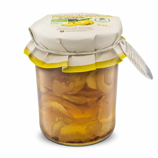 Bio Ingwer in Sirup von DARY NATURY, 440 g, mit frischem Ingwer und süßem Sirup, in einer Glasflasche sichtbar.