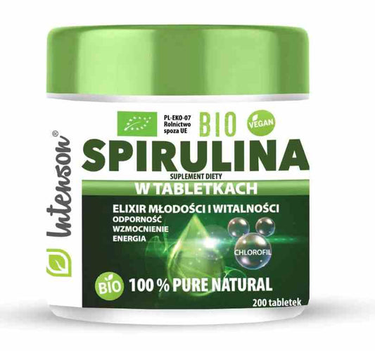 Intenson Bio Spirulina 100% in 200 Tabletten, grünes Nahrungsergänzungsmittel mit spiralförmiger Alge.