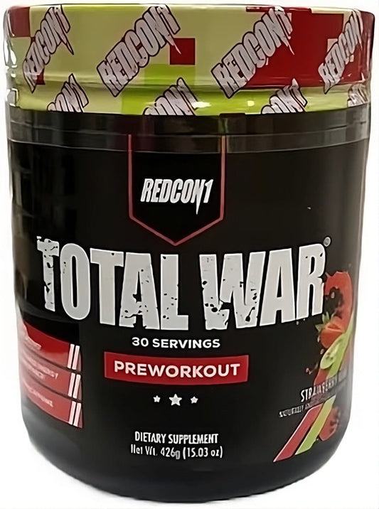 RotCon1 Total War Erdbeer-Kiwi Geschmacksproteinpulver in 426g Dose, mit fruchtigem Duft und roter Verpackung.