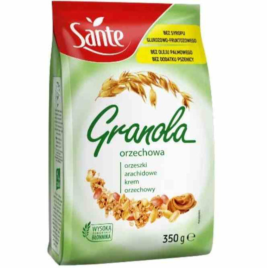 Sante Walnuss Müsli in 350g Packung mit Haferflocken, Nüssen und Getreide, ideal für ein gesundes Frühstück.