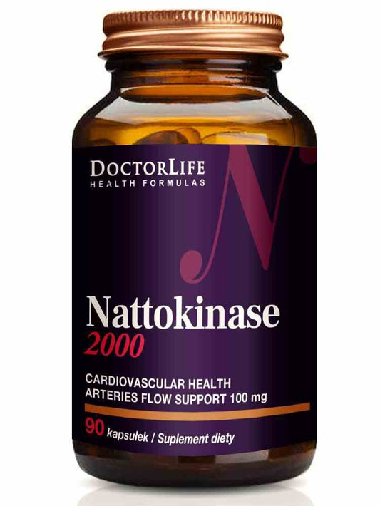 Nachtokinase 2000 von Doctor Life in 90 Kapseln, zeigt die Verpackung der Nahrungsergänzungsmittel in einer Dose.