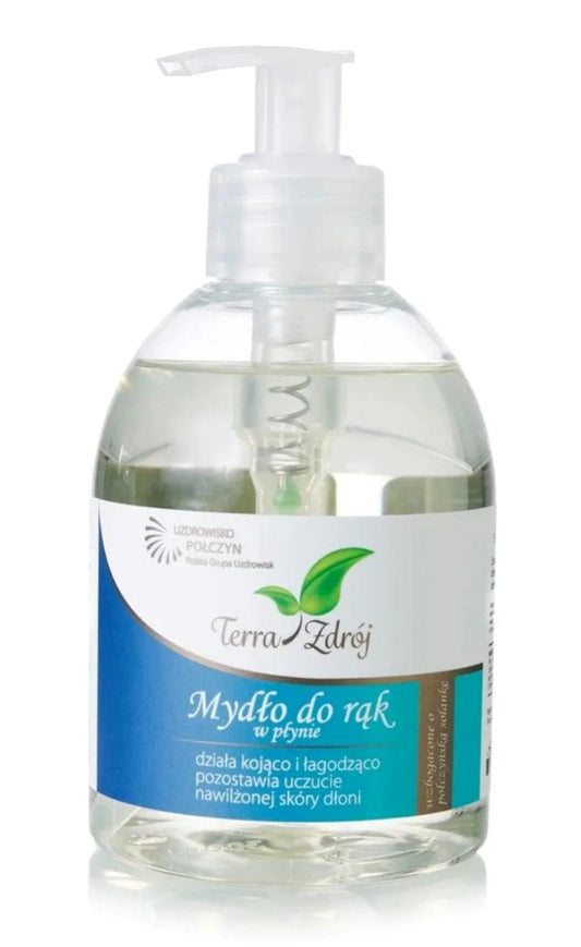 Flüssige Handseife Terra Zdrój, 300 g, aus der Solank Serie, mit natürlichen Inhaltsstoffen, zeigt die Seifenflasche.