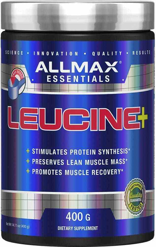 AllMax Nutrition Leucin Pulver, 400g, mit weißen Leucin-Kapseln und Dose auf weißem Hintergrund, für Muskelaufbau und Regeneration