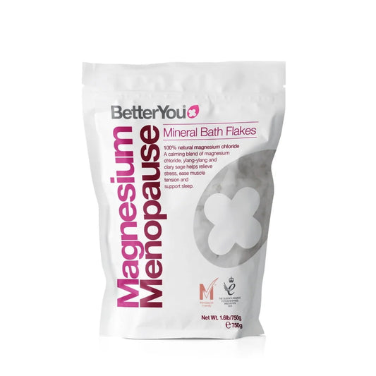 Badekugeln von BetterYou mit Magnesium gegen Wechseljahrsbeschwerden, enthalten 750 g Magnesium-Badeflocken in einer Packung