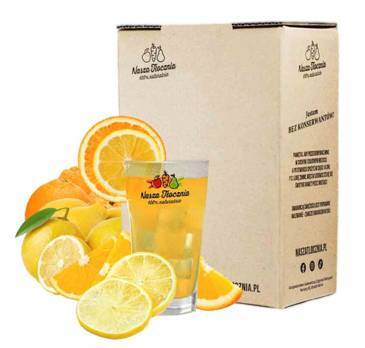 Bunte Flasche Nasza Tłocznia Limonade Orange und Zitrone, 5l, mit frisch gepresster Zitronen- und Orangenscheibe auf dem Etikett