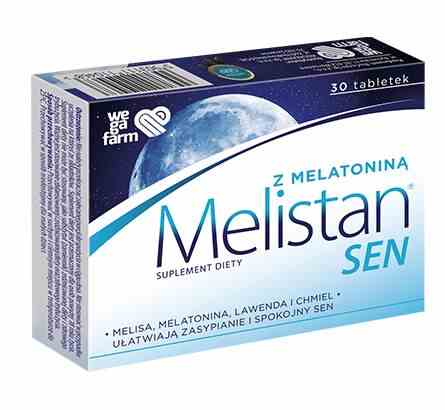 WegaFarm Melistan Sen 30 Tabletten, Verpackung und Tablettenansicht, pflanzliches Nahrungsergänzungsmittel gegen Magenbeschwerden