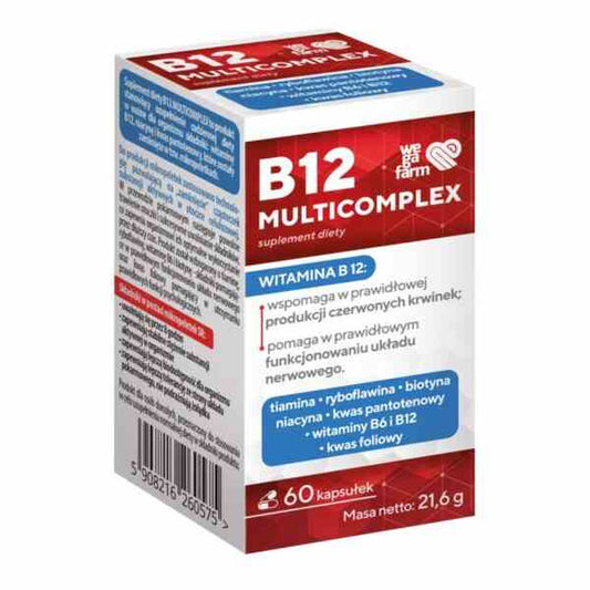 WegaFarm B12 Multikomplex in 60 Kapseln, zeigt die Verpackung mit braunen Kapseln und Produktbeschreibung auf der Packung