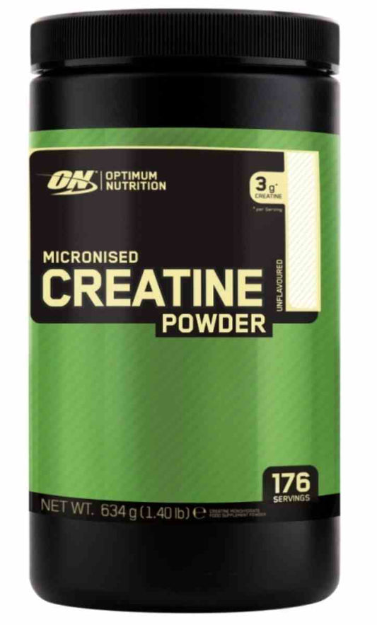 Optimum Nutrition Kreatin Pulver in 634g Dose, weiße Verpackung mit grünem Logo, für Muskelaufbau und Leistungssteigerung