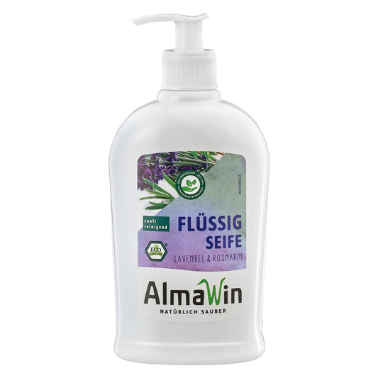 ECO Seife LAWENA & ROZMARIN von ALMAWIN, 500 ml Flasche mit grüner Etikette, natürliches Reinigungsmittel mit Kräuterduft